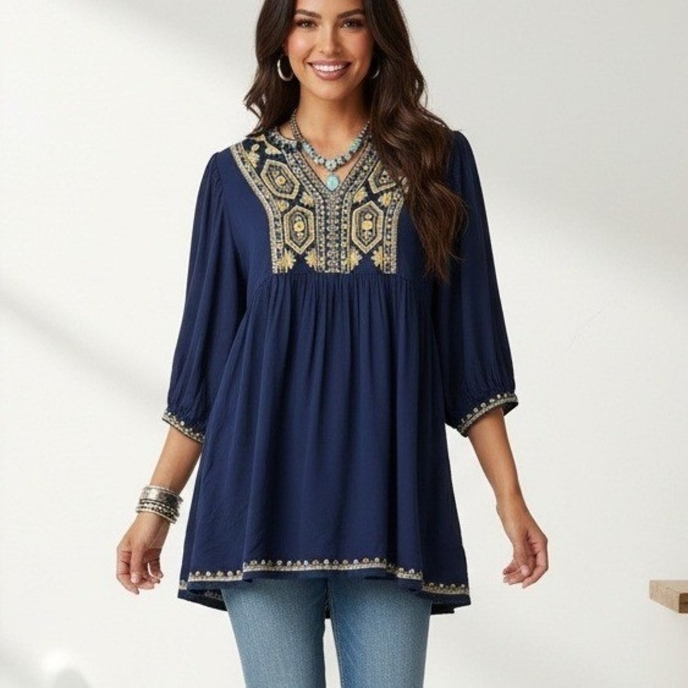 Solitaire Medium Blue Embroidered Rayon Peasant Dress Bohemian Festival